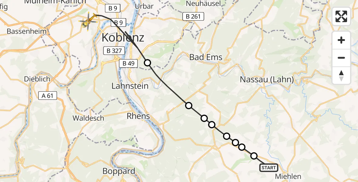 Flugroute Rettungshubschrauber Marienfels - Koblenz, 15 April 2026, 16:24