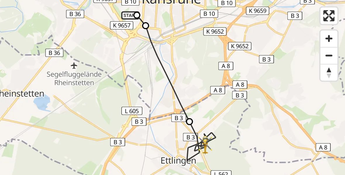 Flugroute Rettungshubschrauber Sankt Vincentius Hospital - Ettlingen, 15 April 2026, 16:46
