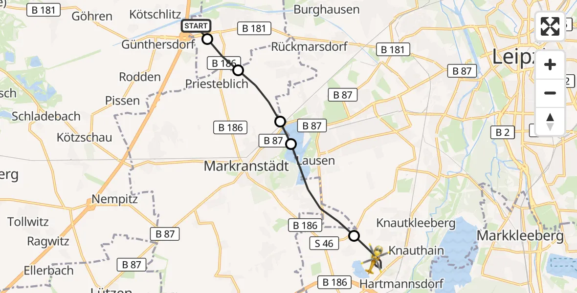 Flugroute Rettungshubschrauber ADAC Air Rescue Station Leipzig/Schkeuditz-Dölzig Hubschrauberlandeplatz (Christoph 61) - Leipzig, 15 April 2026, 16:51
