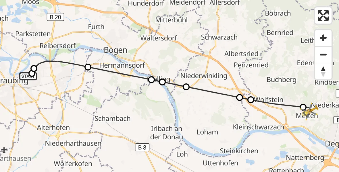 Flugroute Rettungshubschrauber Sankt Elisabeth Hospital Straubing - Metten, 15 April 2026, 16:59