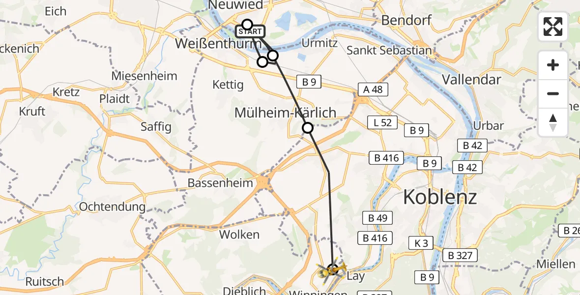 Flugroute Ambulanzhubschrauber Neuwied - Koblenz-Winningen Flugplatz, 15 April 2026, 17:06
