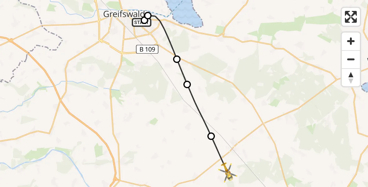 Flugroute Rettungshubschrauber Greifswald Hospital - Züssow, 15 April 2026, 17:07