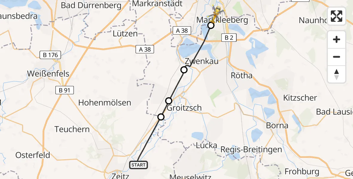 Flugroute Rettungshubschrauber Elsteraue - Markkleeberg, 15 April 2026, 17:08