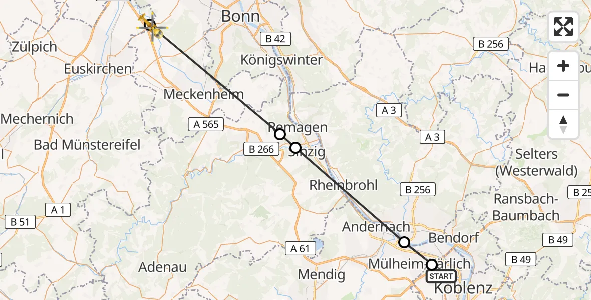 Flugroute Rettungshubschrauber Koblenz - Swisttal, 15 April 2026, 17:12