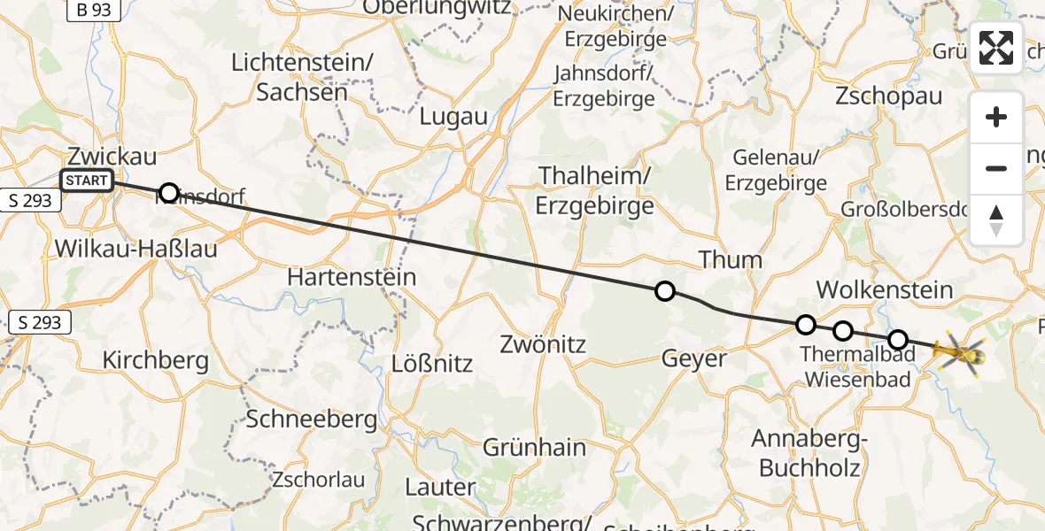 Flugroute Rettungshubschrauber Zwickau - Großrückerswalde, 15 April 2026, 17:20