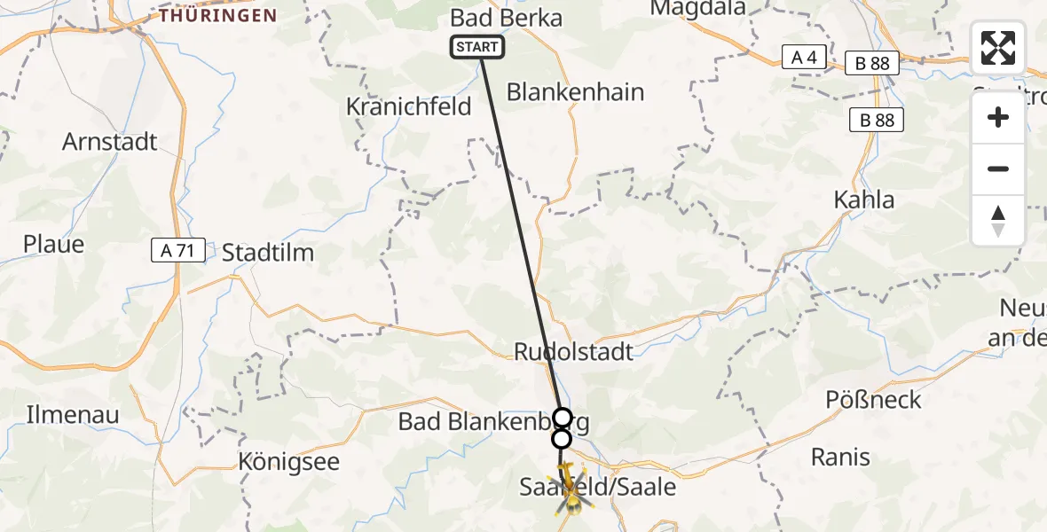 Flugroute Ambulanzhubschrauber Bad Berka - Thüringen-Kliniken Saalfeld Hubschrauberlandeplatz, 15 April 2026, 17:20