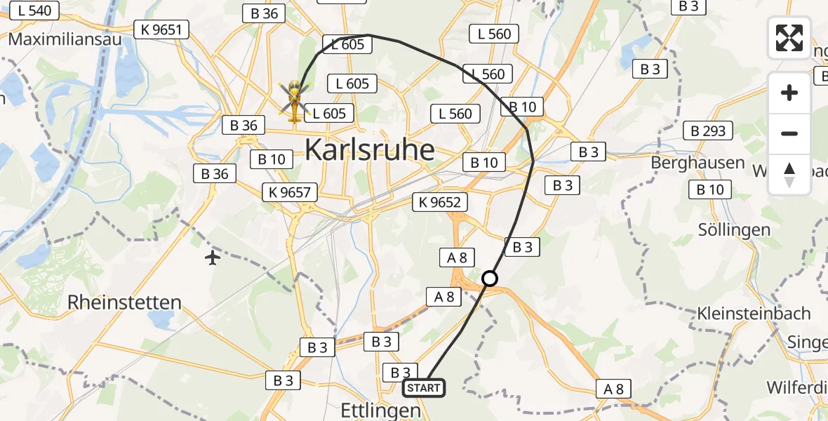Flugroute Rettungshubschrauber Ettlingen - Karlsruhe, 15 April 2026, 17:27