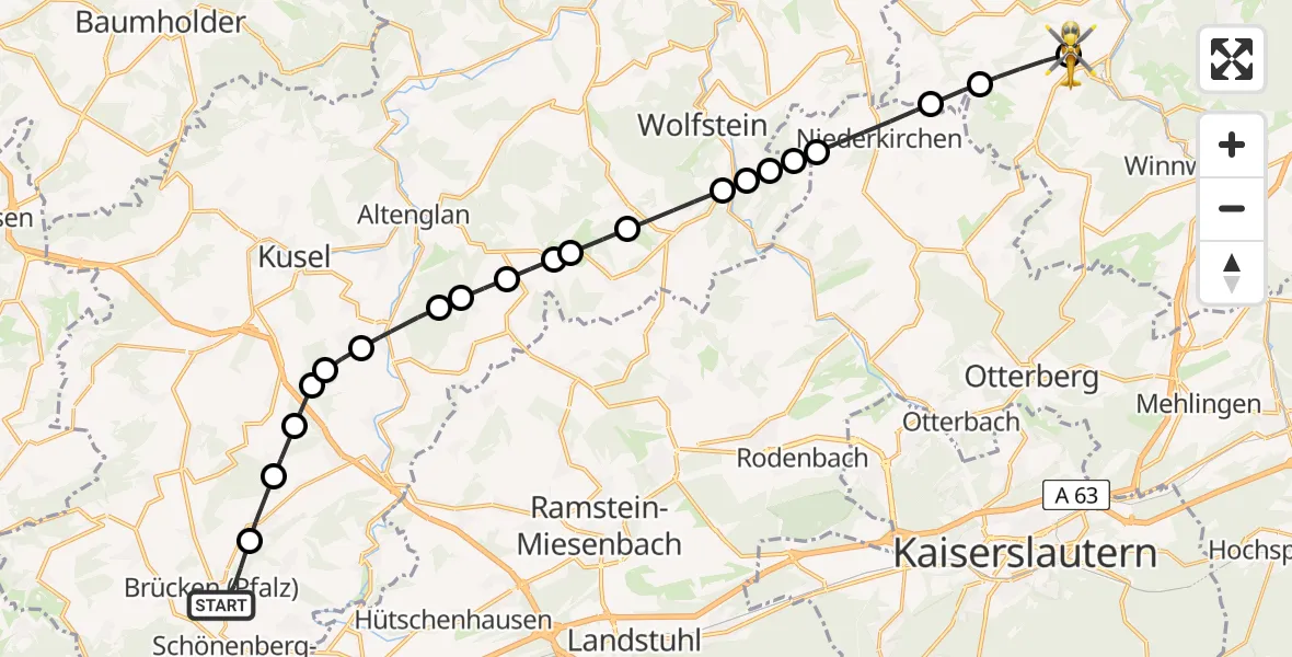 Flugroute Rettungshubschrauber Brücken (Pfalz) - Imsweiler UL, 15 April 2026, 17:28