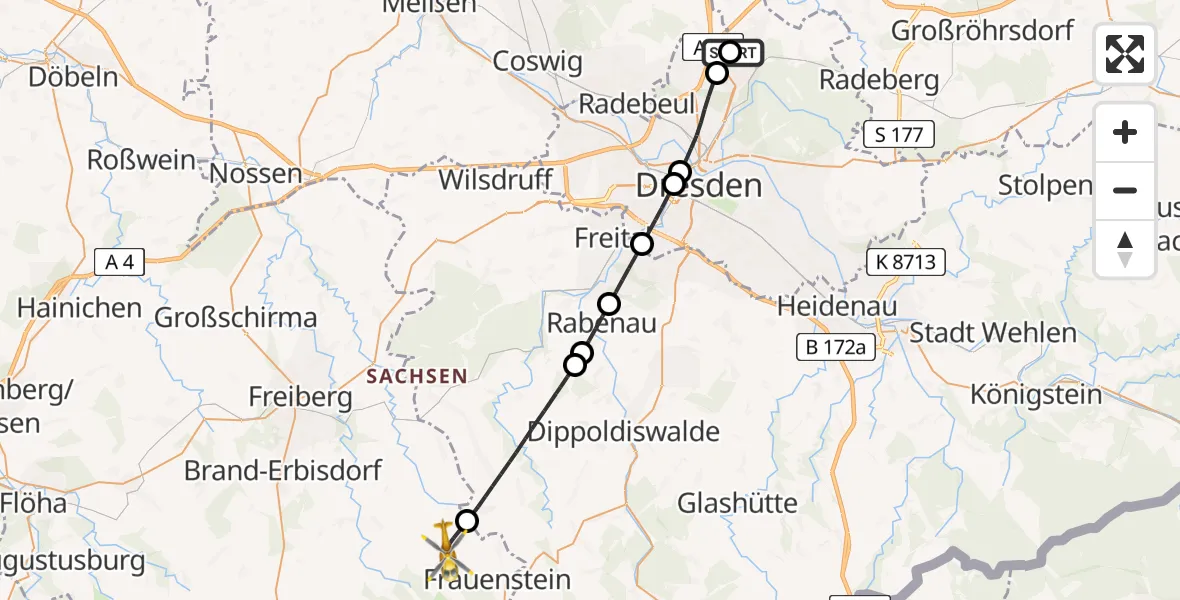 Flugroute Rettungshubschrauber Dresden Bundespolizei Hubschrauberlandeplatz - Frauenstein, 15 April 2026, 17:34