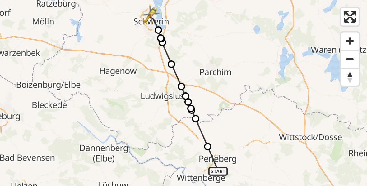 Flugroute Rettungshubschrauber Perleberg - Schwerin, 15 April 2026, 17:35
