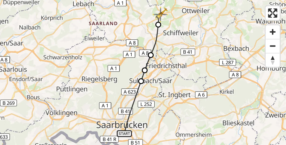 Flugroute Rettungshubschrauber Saarbrücken - Illingen, 15 April 2026, 17:41