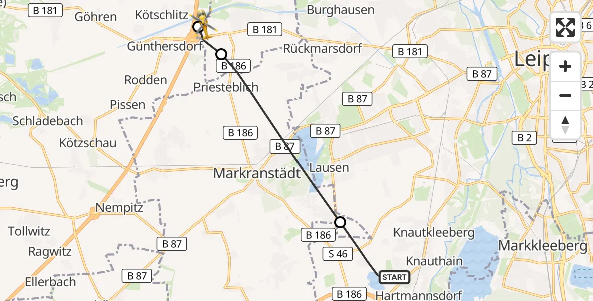 Flugroute Rettungshubschrauber Leipzig - ADAC Air Rescue Station Leipzig/Schkeuditz-Dölzig Hubschrauberlandeplatz (Christoph 61), 15 April 2026, 17:51