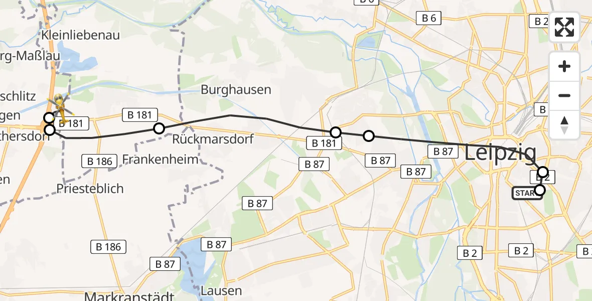 Flugroute Rettungshubschrauber Leipzig University Hospital Heliport 1 - ADAC Air Rescue Station Leipzig/Schkeuditz-Dölzig Hubschrauberlandeplatz (Christoph 61), 15 April 2026, 17:58