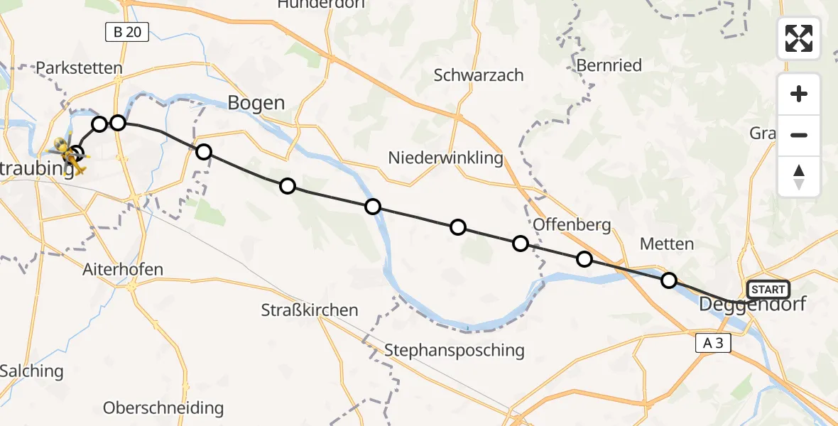 Flugroute Rettungshubschrauber Deggendorf - Sankt Elisabeth Hospital Straubing, 15 April 2026, 18:00