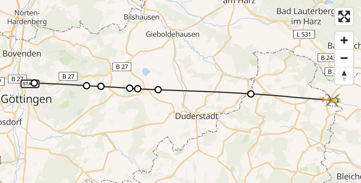 Flugroute Rettungshubschrauber Göttingen University Clinic Hubschrauberlandeplatz - Hohenstein, 15 April 2026, 18:02