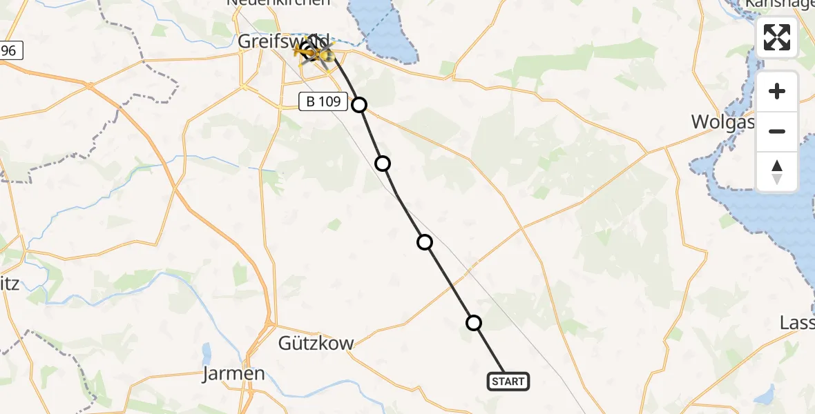 Flugroute Rettungshubschrauber Schmatzin - Greifswald Hospital, 15 April 2026, 18:05