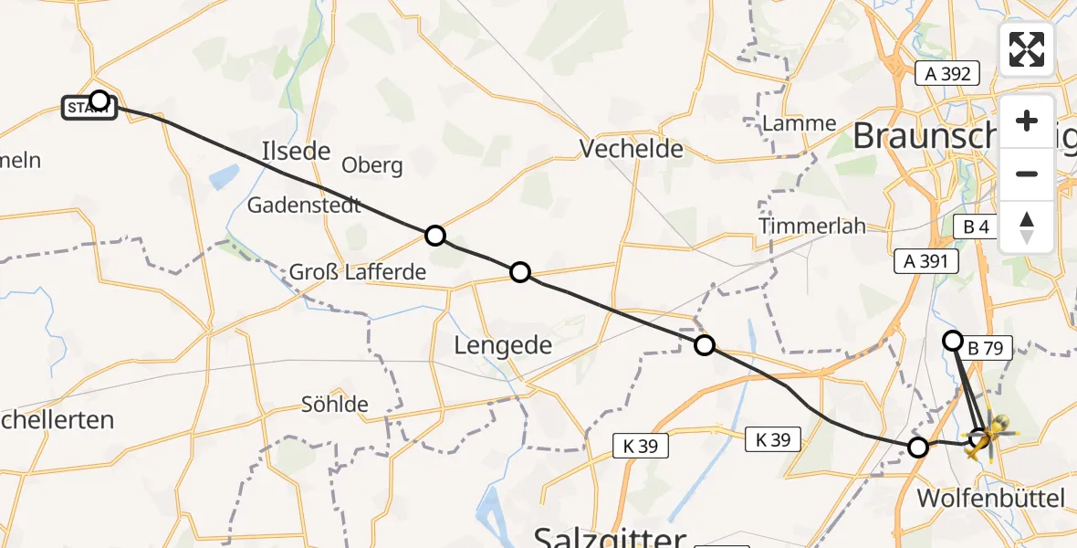 Flugroute Rettungshubschrauber Hohenhameln - Wolfenbüttel Municipal Hospital Heliport (Christoph 30), 15 April 2026, 18:10