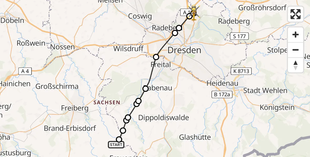 Flugroute Rettungshubschrauber Frauenstein - Dresden Bundespolizei Hubschrauberlandeplatz, 15 April 2026, 18:18