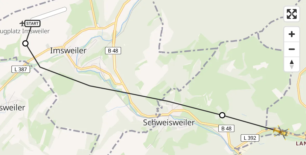 Flugroute Rettungshubschrauber Imsweiler UL - Falkenstein, 15 April 2026, 18:19
