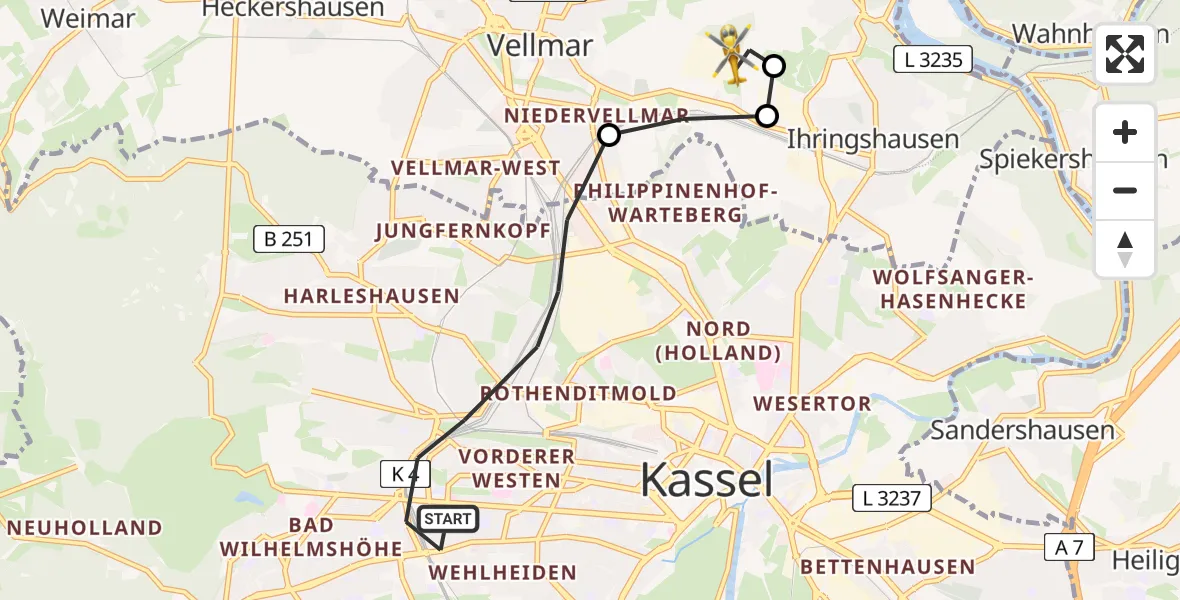 Flugroute Rettungshubschrauber Kassel - Fuldatal Bundespolizei Hubschrauberlandeplatz, 15 April 2026, 18:21