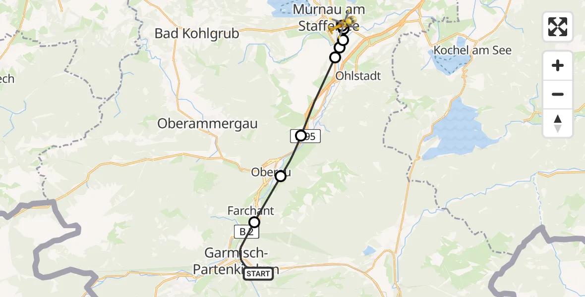 Flugroute Rettungshubschrauber Garmisch-Partenkirchen - Murnau Accident Hospital, 15 April 2026, 18:23