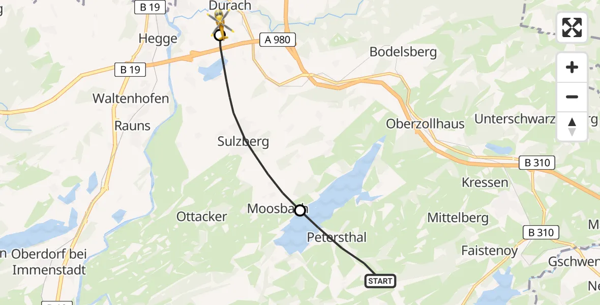 Flugroute Rettungshubschrauber Oy-Mittelberg - Kempten-Durach Flugplatz, 15 April 2026, 18:29