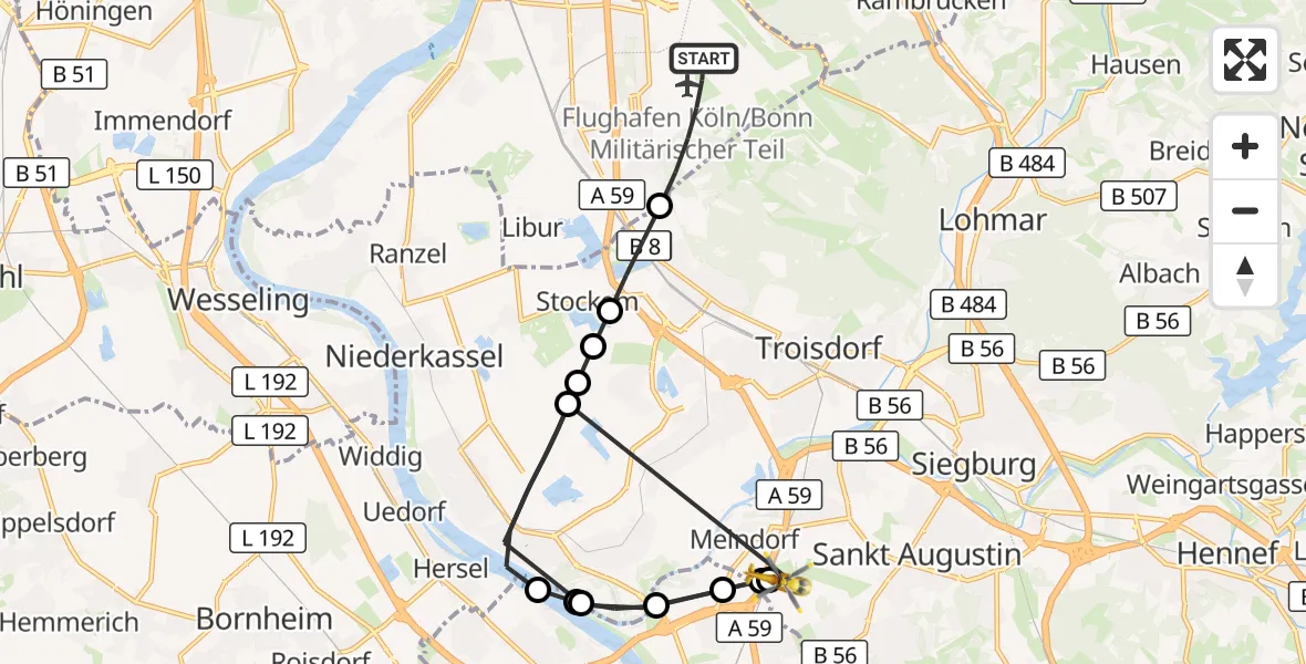 Flugroute Rettungshubschrauber Köln Bonn Flughafen - Sankt Augustin, 15 April 2026, 18:40