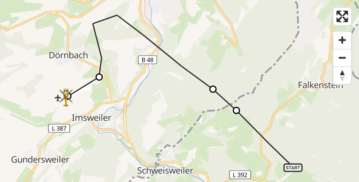Flugroute Rettungshubschrauber Falkenstein - Imsweiler UL, 15 April 2026, 18:50