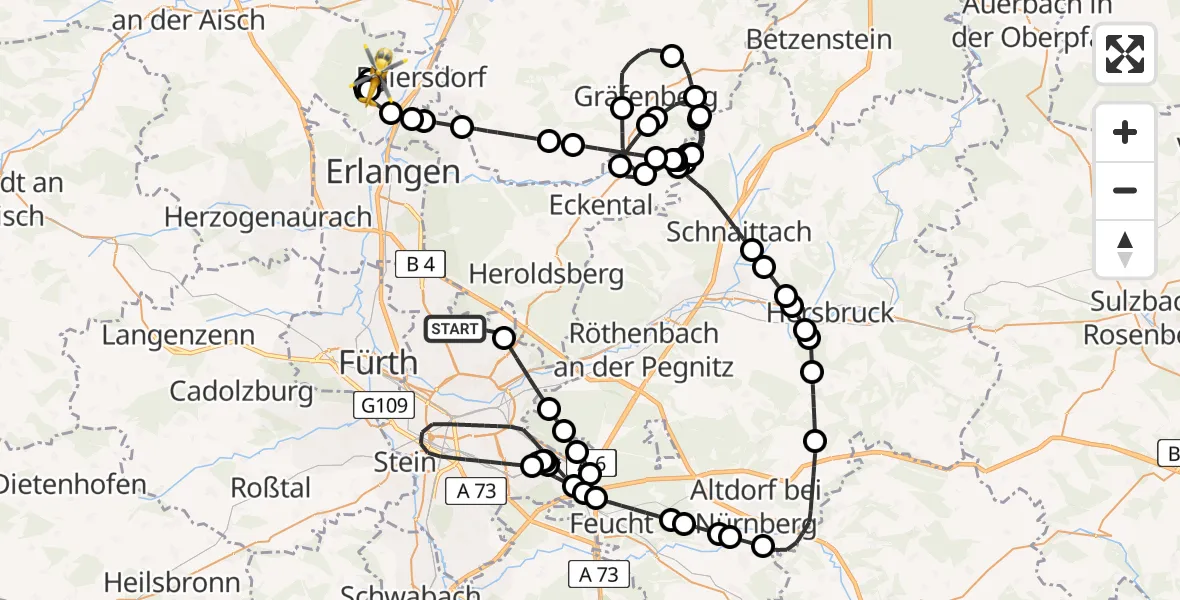 Flugroute Rettungshubschrauber Flughafen Nuremberg - Möhrendorf, 15 April 2026, 19:07