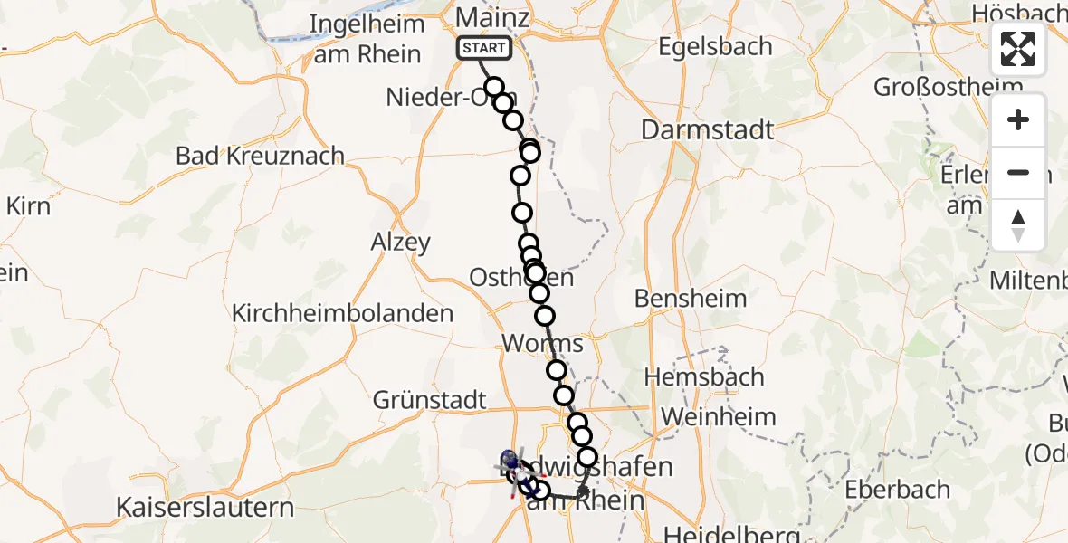 Flugroute Polizeihubschrauber Mainz - Autobahnpolizei Ruchheim Hubschrauberlandeplatz, 15 April 2026, 19:26