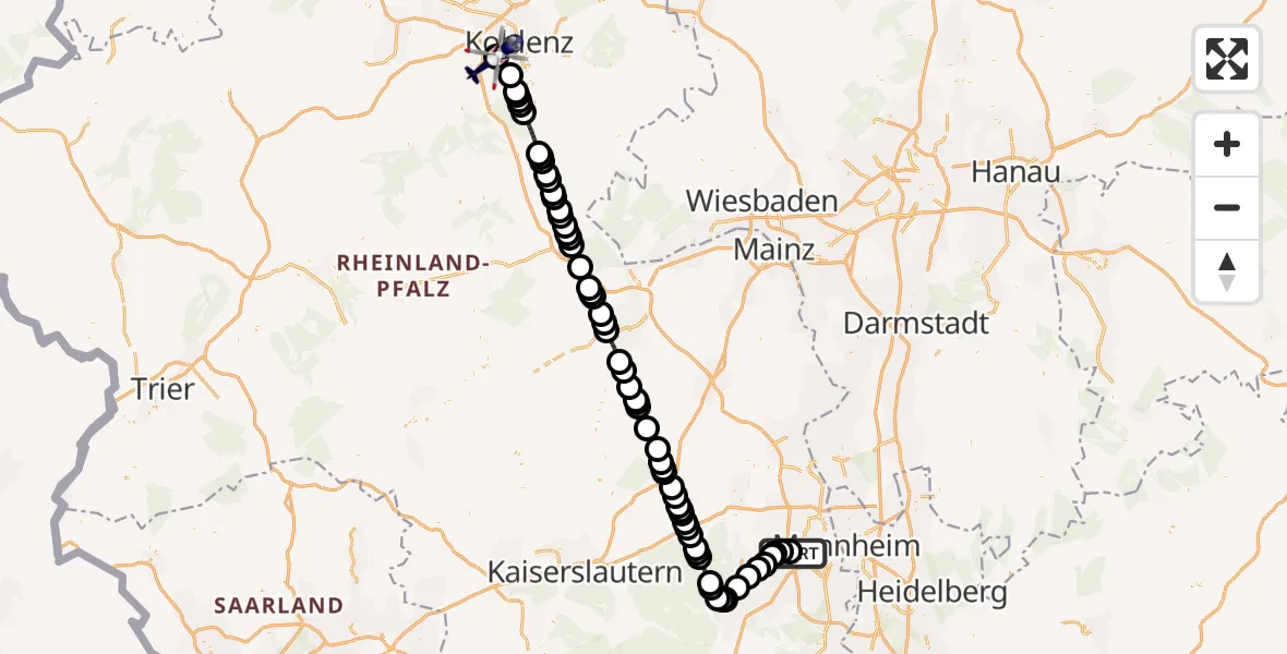 Flugroute Polizeihubschrauber Autobahnpolizei Ruchheim Hubschrauberlandeplatz - Koblenz-Winningen Flugplatz, 15 April 2026, 20:05