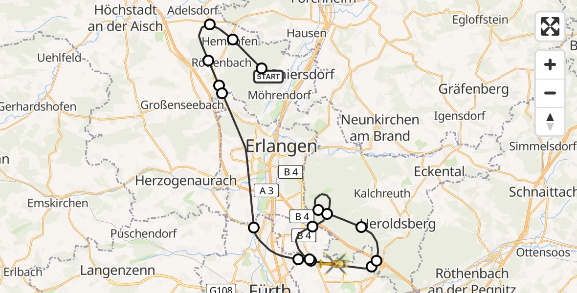 Flugroute Rettungshubschrauber Möhrendorf - Flughafen Nuremberg, 15 April 2026, 20:13