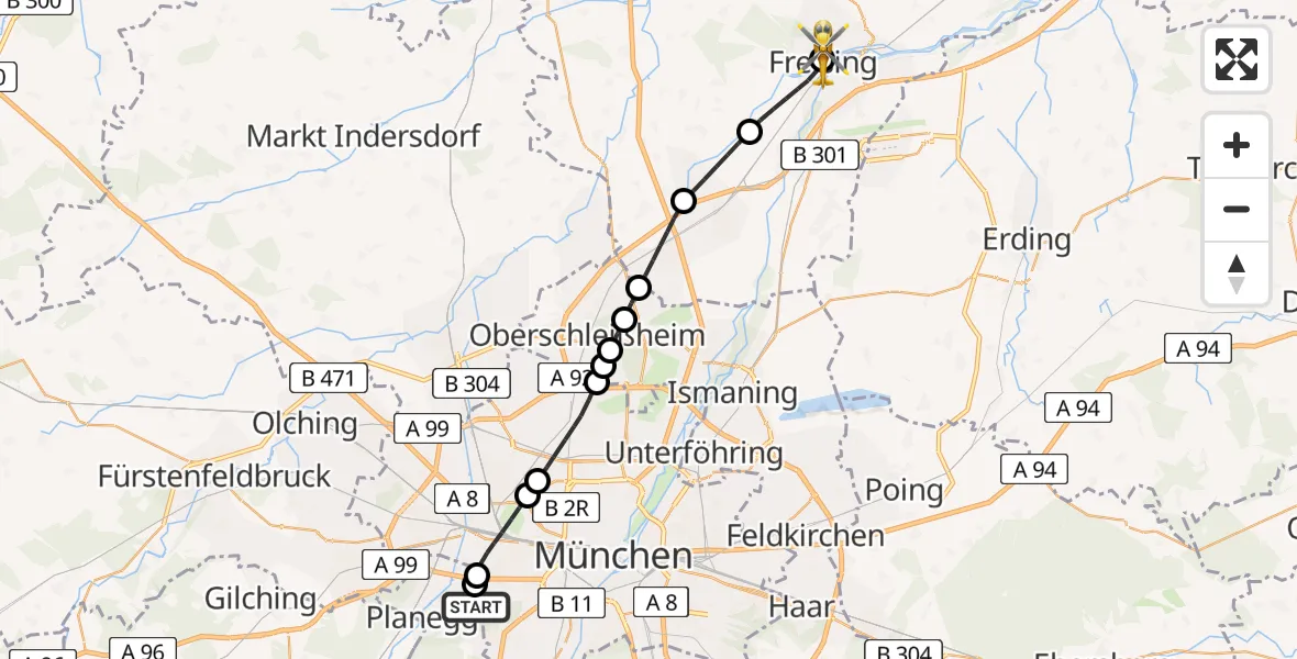 Flugroute Rettungshubschrauber DRF Air Rescue München Hubschrauberlandeplatz - Freising Clinic Hubschrauberlandeplatz, 15 April 2026, 20:24