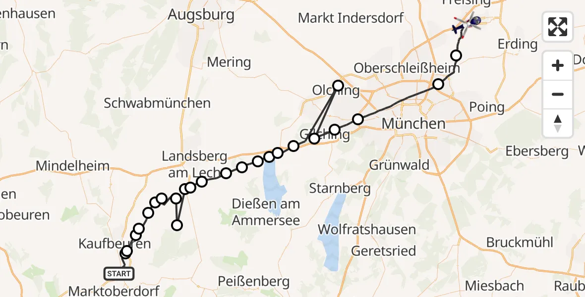 Flugroute Polizeihubschrauber Biessenhofen - Hallbergmoos, 15 April 2026, 20:26