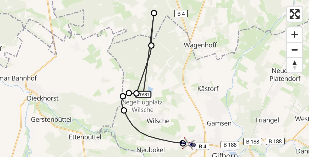Flugroute Polizeihubschrauber Wilsche Segelflugfeld - Gifhorn Bundespolizei Hubschrauberlandeplatz, 15 April 2026, 20:30