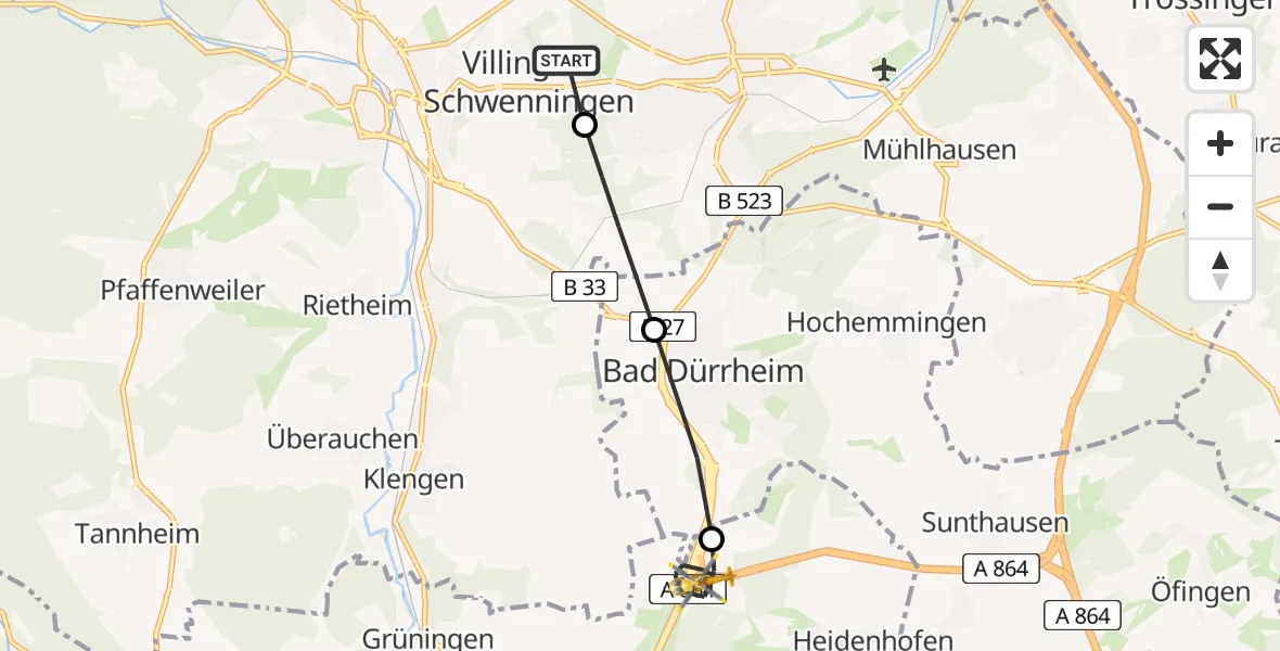 Flugroute Rettungshubschrauber DRF Air Rescue Station Villingen-Schwenningen Hubschrauberlandeplatz (Christoph 11) - Donaueschingen, 15 April 2026, 20:51