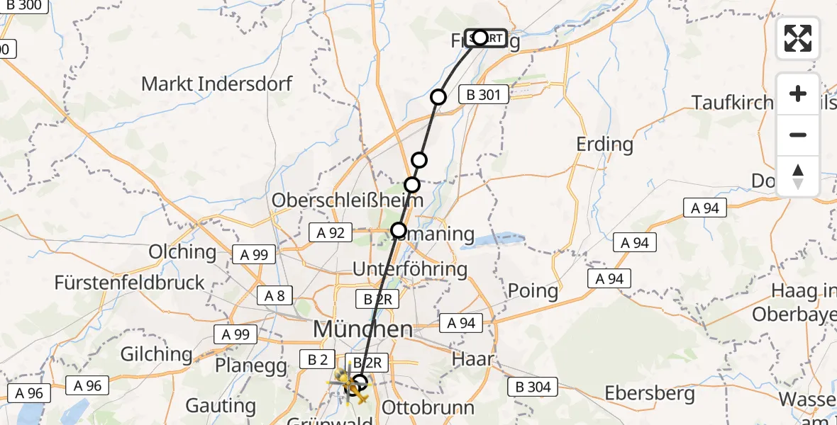 Flugroute Rettungshubschrauber Freising Clinic Hubschrauberlandeplatz - ADAC Air Rescue Center Hubschrauberlandeplatz (Christoph 1), 15 April 2026, 21:00