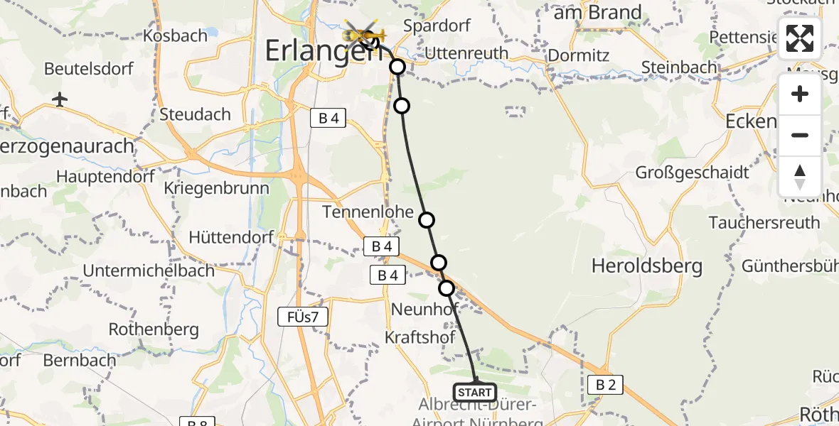 Flugroute Ambulanzhubschrauber Flughafen Nuremberg - Erlangen University Hospital Ebrardstraße, 15 April 2026, 21:27