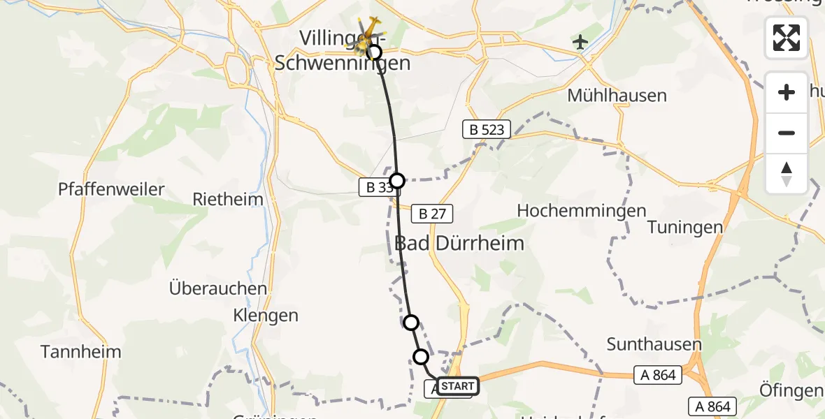 Flugroute Rettungshubschrauber Donaueschingen - DRF Air Rescue Station Villingen-Schwenningen Hubschrauberlandeplatz (Christoph 11), 15 April 2026, 21:37