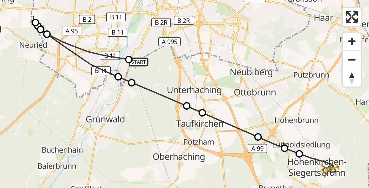 Flugroute Rettungshubschrauber ADAC Air Rescue Center Hubschrauberlandeplatz (Christoph 1) - Höhenkirchen-Siegertsbrunn, 15 April 2026, 21:40
