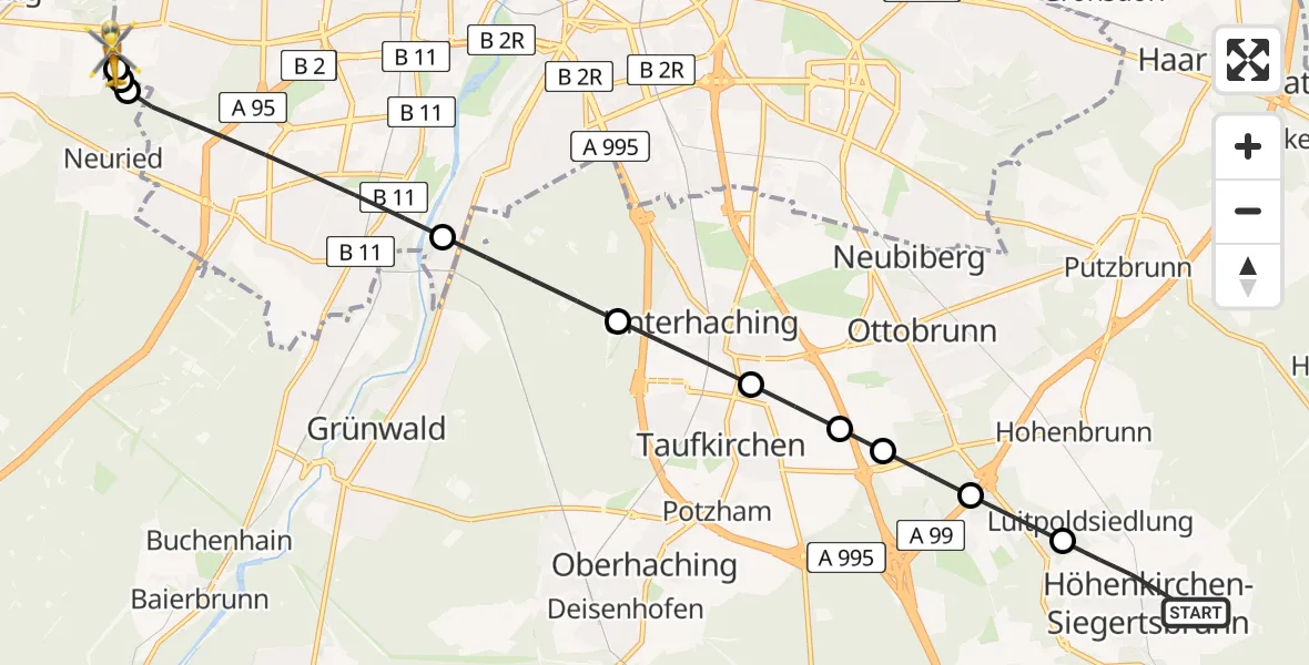 Flugroute Rettungshubschrauber Höhenkirchen-Siegertsbrunn - DRF Air Rescue München Hubschrauberlandeplatz, 15 April 2026, 22:20