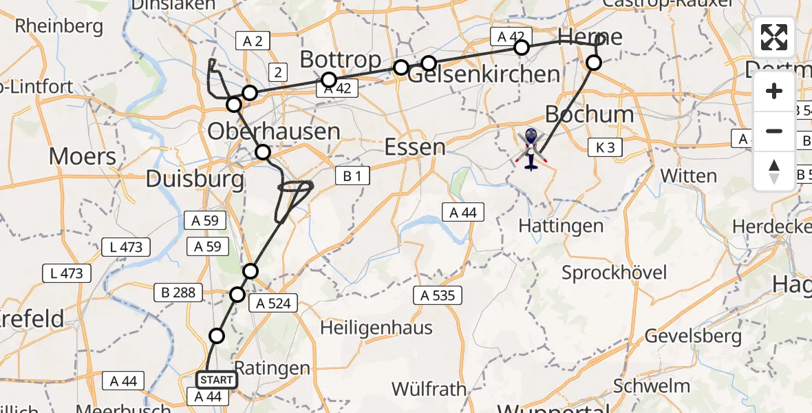 Flugroute Polizeihubschrauber Düsseldorf Flughafen - Bochum, 15 April 2026, 22:29