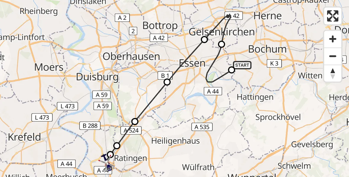 Flugroute Polizeihubschrauber Bochum - Düsseldorf Flughafen, 16 April 2026, 00:00
