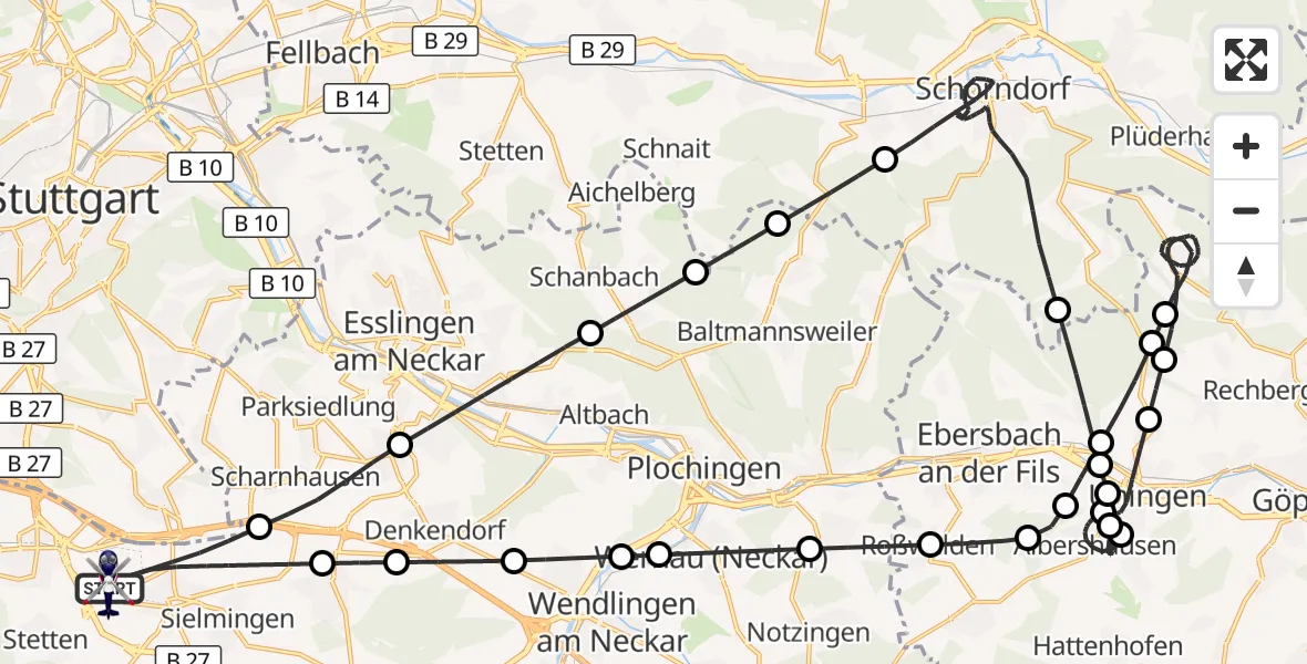Flugroute Polizeihubschrauber Flughafen Stuttgart - Flughafen Stuttgart, 16 April 2026, 00:32