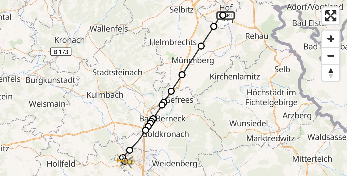 Flugroute Ambulanzhubschrauber Sana Clinic Hof Hubschrauberlandeplatz - Bayreuth Hospital, 16 April 2026, 01:30