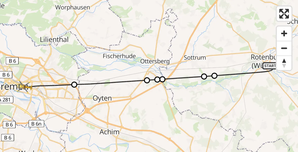 Flugroute Rettungshubschrauber Rotenburg (Wümme) - Bremen, 16 April 2026, 02:14