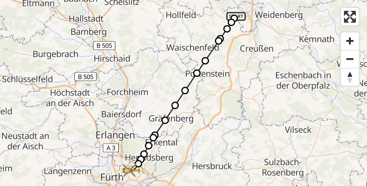 Flugroute Ambulanzhubschrauber Bayreuth - Flughafen Nuremberg, 16 April 2026, 02:33