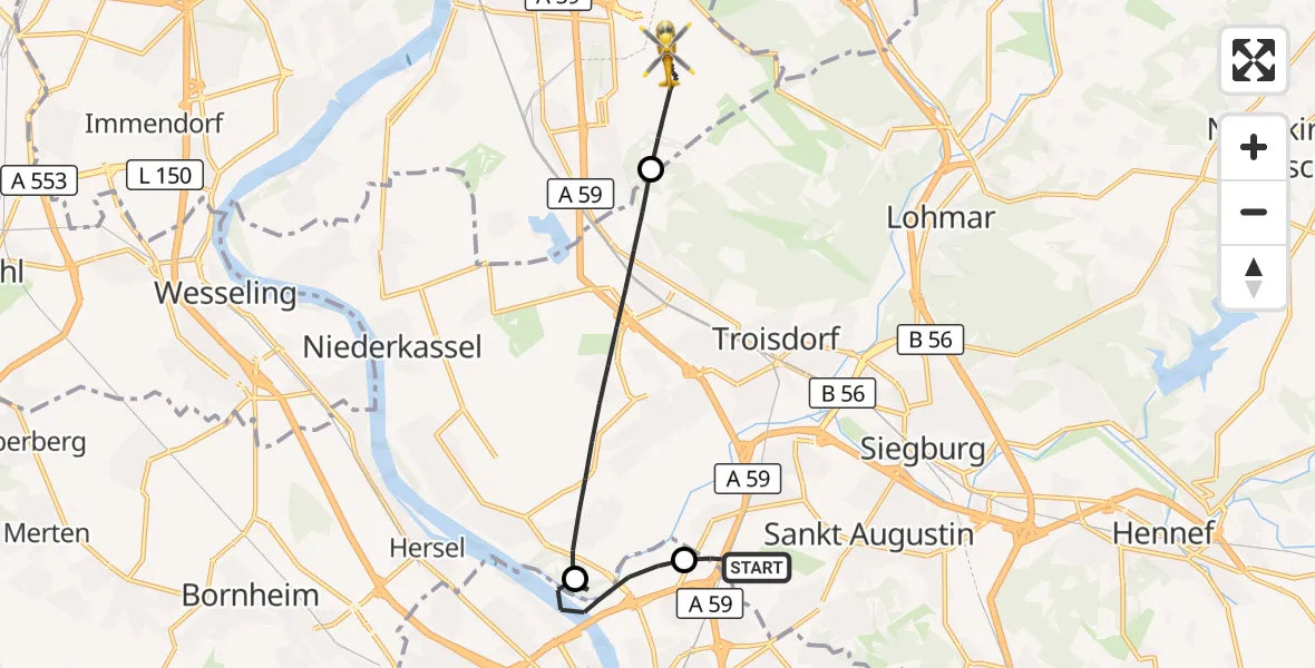 Flugroute Rettungshubschrauber Sankt Augustin - Köln Bonn Flughafen, 16 April 2026, 04:47