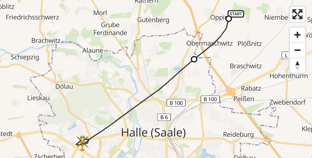 Flugroute Ambulanzhubschrauber Halle-Oppin Flugplatz - Halle (Saale), 16 April 2026, 04:49