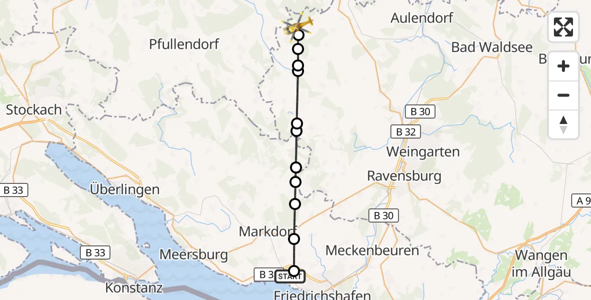 Flugroute Rettungshubschrauber Friedrichshafen Hospital - Hoßkirch, 16 April 2026, 05:31